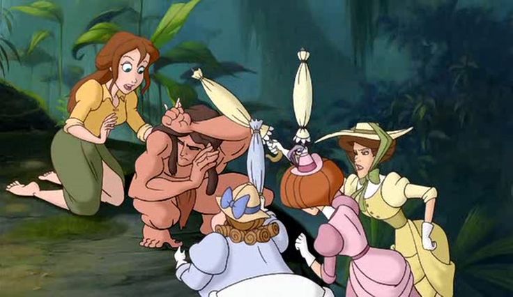 Tarzan gets attacked by Jane's friends Hazel (Blue), Greenly (Pink), and Eleanor (Green)