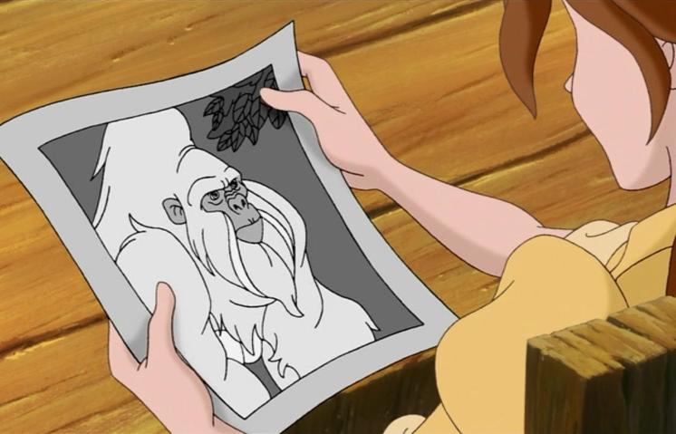 Jane looking at a photo of a mythical ape, Mangani 