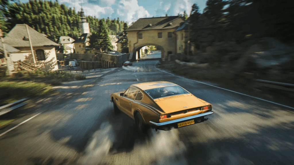 007 First Light - James Bond - Game Screenshot - exciting car chase sequence with a lot of motion blur on a yellow jaguar