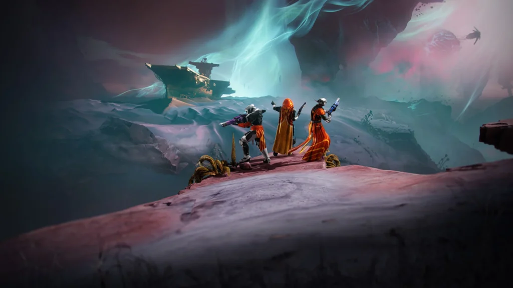 a fireteam of 3 guardians standing on a cliff edge overlooking a freight ship on a mountain - Destiny 2