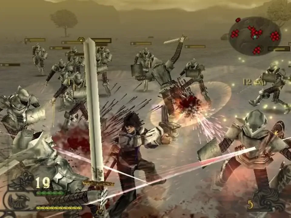 Drakengard- Caim on the ground battling over a dozen soldiers