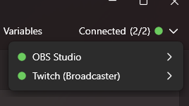 streamer.bot v1 - connections menu showing 2/2 connection