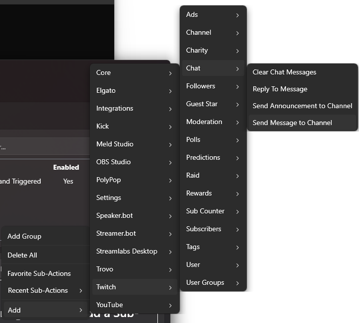 streamer.bot 1.0 navigation to send message to channel