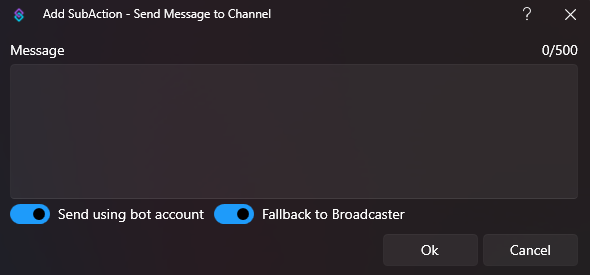 streamer.bot 1.0 - sub action send message to chat pop-up box