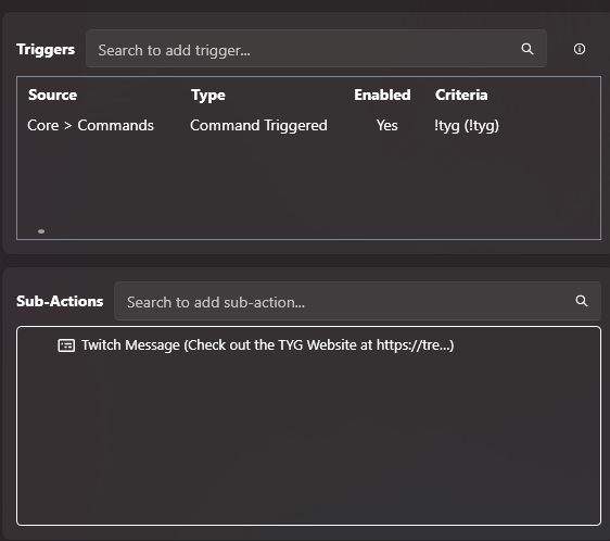 streamer.bot 1.0 - tyg link trigger and command