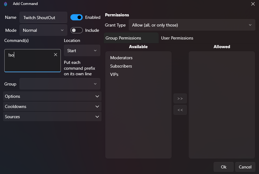 Streamer.bot v1.0 - Add command menu showing the various settings