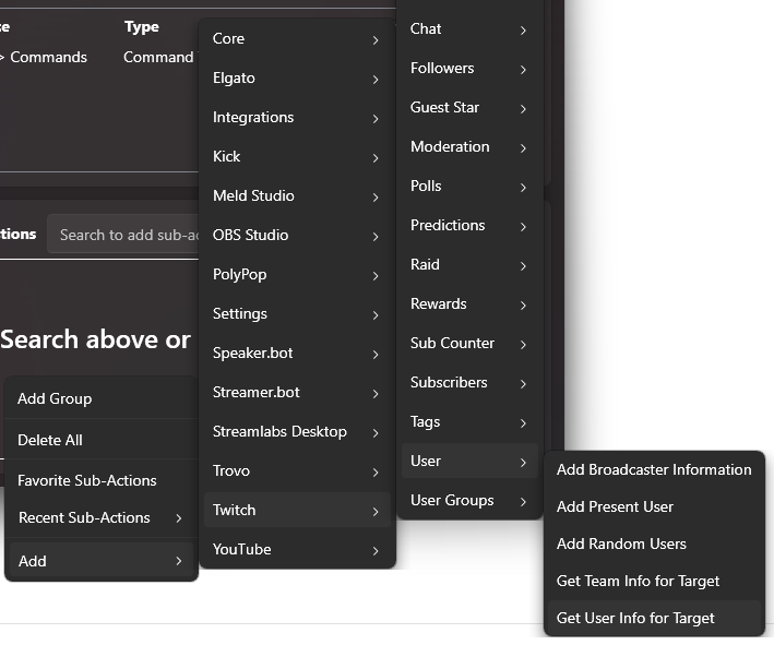 Streamer.bot v1.0 - navigation through the sub-menu to get user info for target