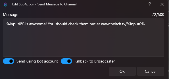 Streamer.bot v1.0 - send message to chat pop-up with the codes