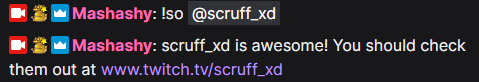 Streamer.bot v1.0 - twitch chat showing shout out command working with a link