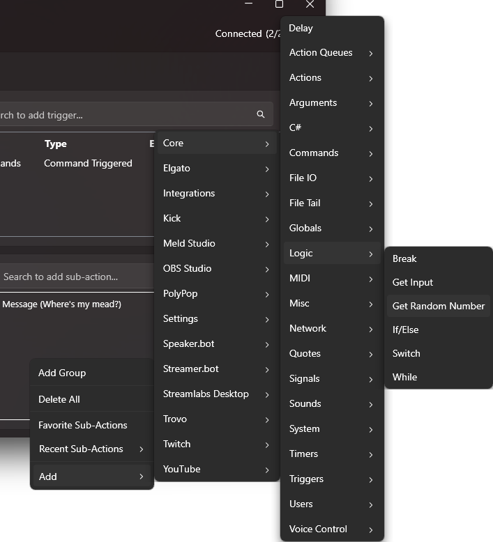 Streamer.bot v1.0 - navigation through sub-menu to get random number action