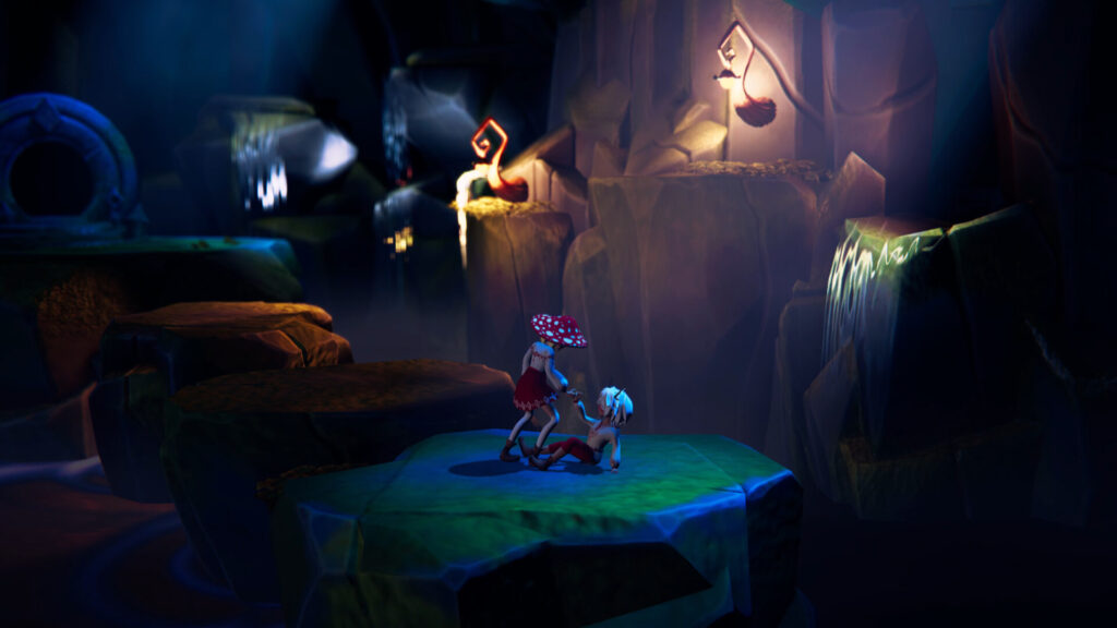 weeny wise - a boy and a girl are in a dark forest. she helps him off the ground