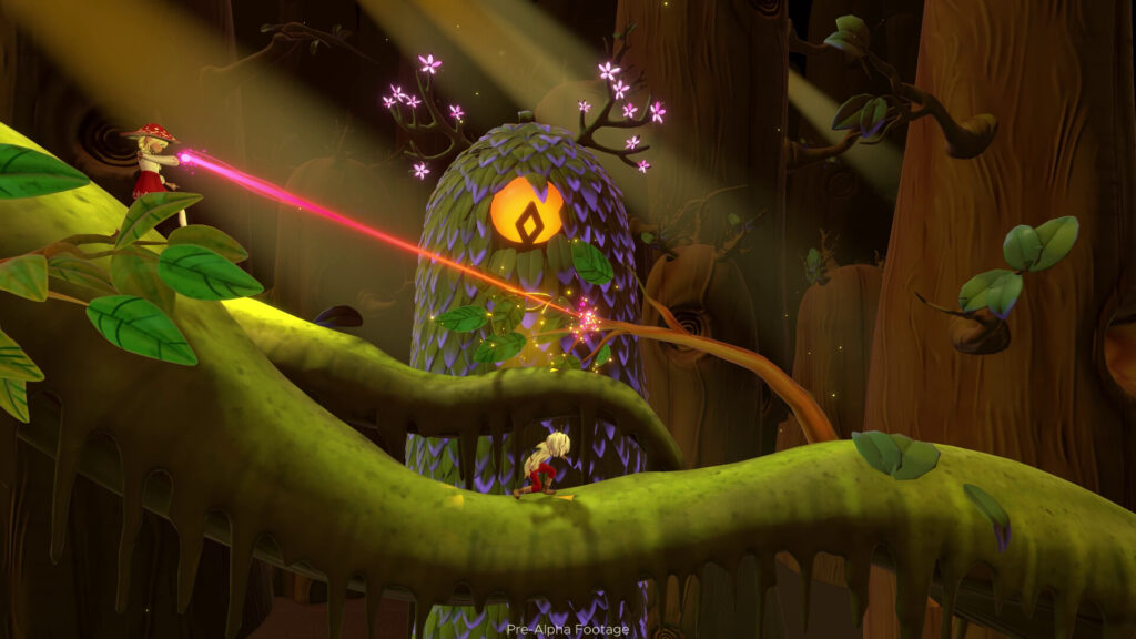 weeny wise - a girl shoots a bean of light as a boy runs under an ominous looking bush