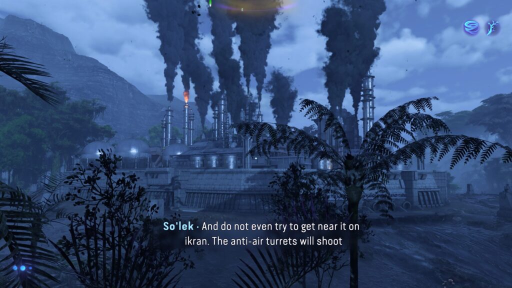 RDA Facility with So'lek narration as smoke billows into the air -Avatar: Frontiers of Pandora 