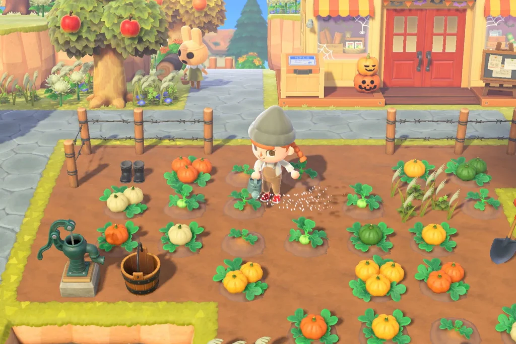 Animal Crossing: New Horizons - a chibi character in a vegetable plot - Cosy Games