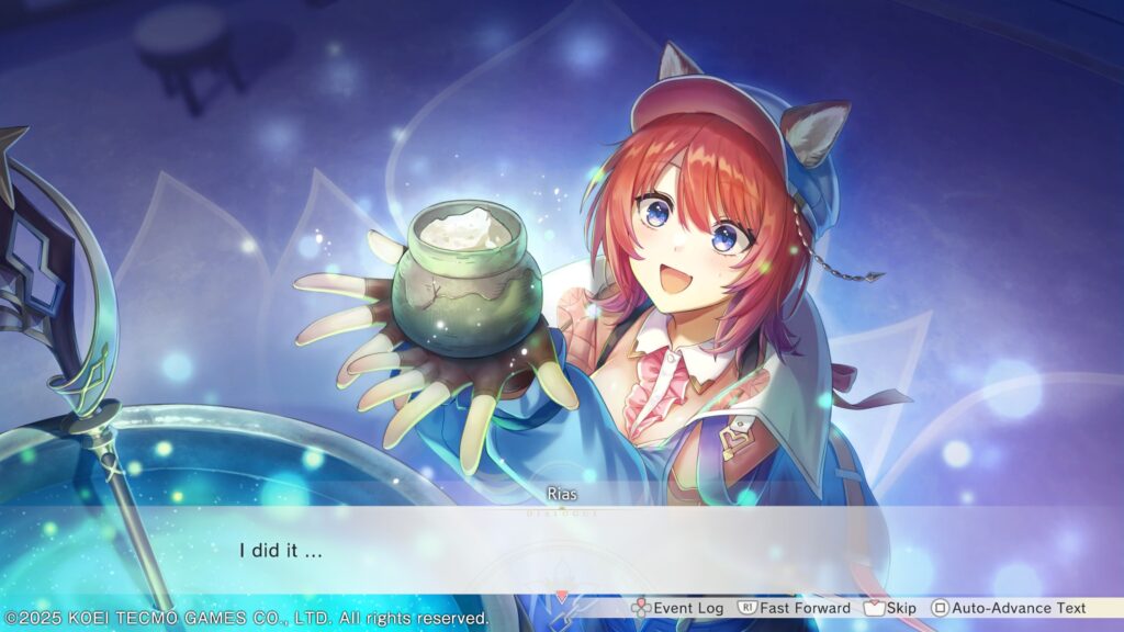 Atelier Resleriana: The Red Alchemist & the White Guardian - a drawn image of Rias holding up her first creation with the dialogue text "I did it"