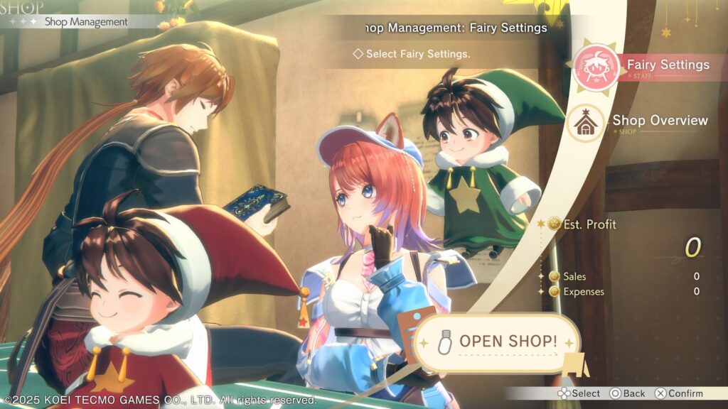 Atelier Resleriana: The Red Alchemist & the White Guardian - the shop menu screen with Rias, Slade and the fairies sitting in the background