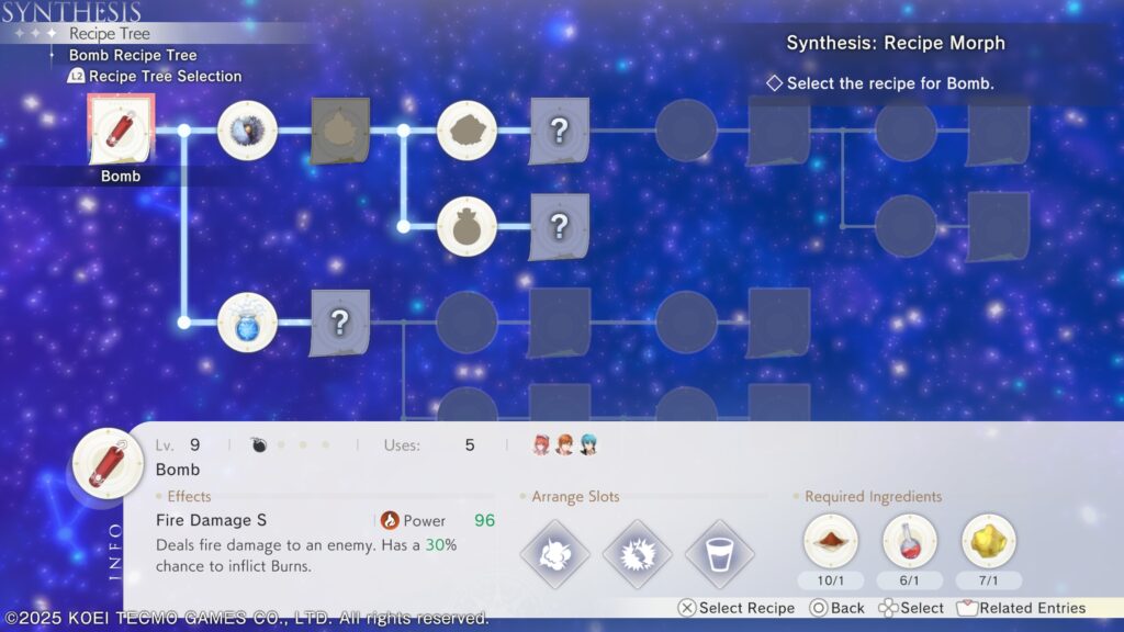 Atelier Resleriana: The Red Alchemist & the White Guardian - the bomb recipe tree showing some unlocks