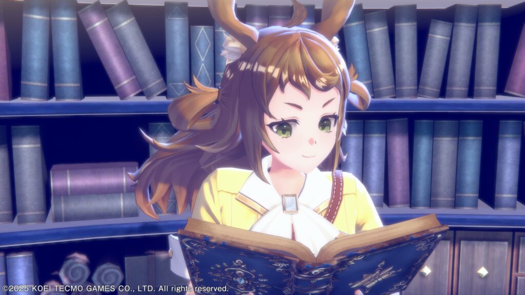 El, a girl in a yellow dress and brown rabbit ears, looks at an ancient text - Atelier Resleriana: The Red Alchemist & the White Guardian