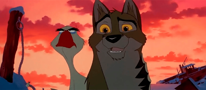 Balto and his goose friend looking off camera - 90s Movies