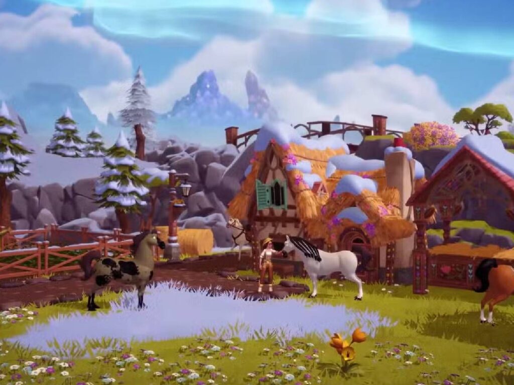 Snowey landscape with horses in a paddock - Dreamlight Valley DLC Wishblossom Ranch
