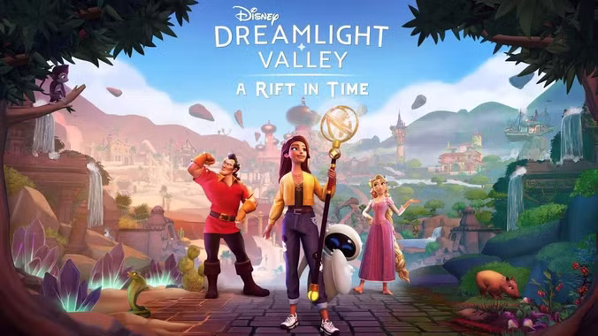 Dreamlight Valley DLC A Rift in Time with characters from Wall-E Tangled and Beauty and the Beast
