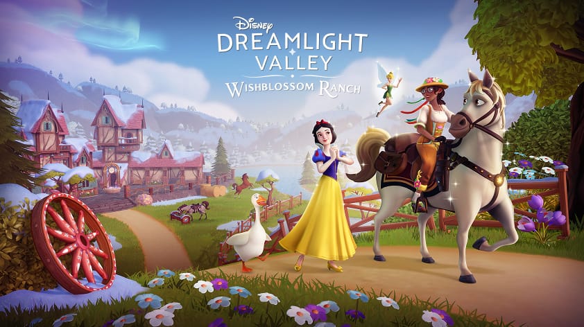 Dreamlight Valley DLC Wishblossom Ranch with snow white and tinkerbell