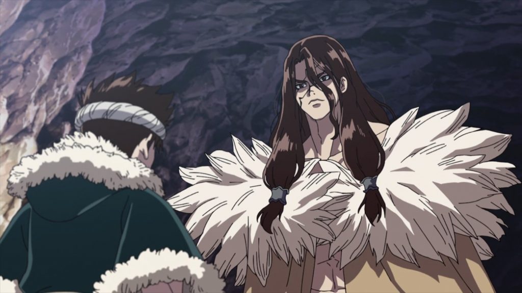 Characters Left to right: Chrome, Tsukasa, he towers over Chrome with an angry face - Dr. Stone Anime