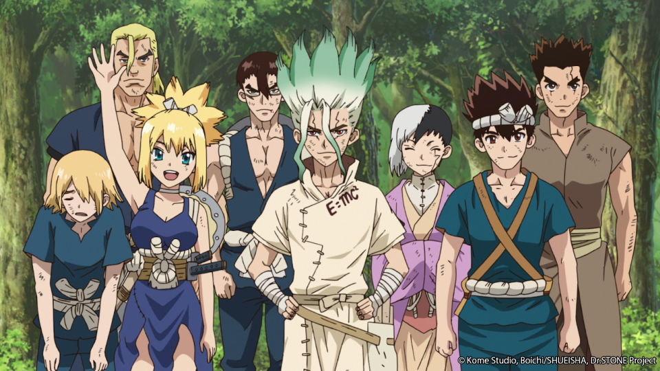 Characters Left to right: Ginro, Magma, Kohaku, Kinro, Senku, Gen, Chrome and Taiju - Dr. Stone Anime