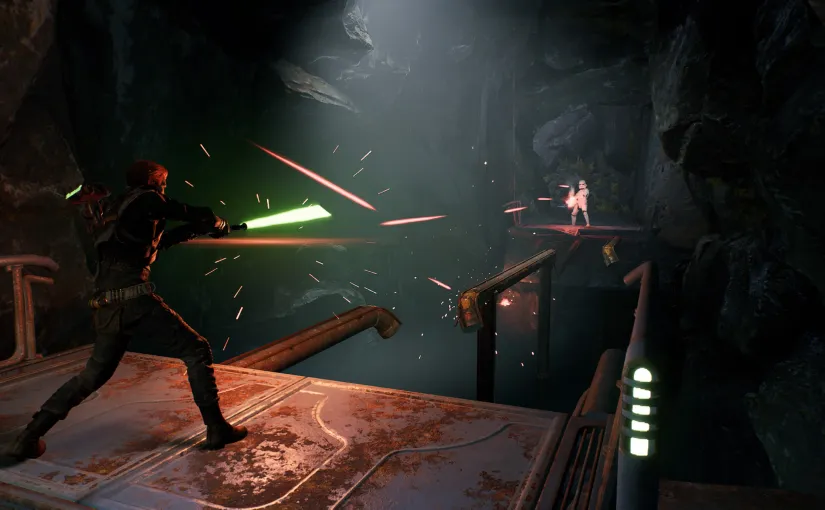 Cal Kestis on the planet of Zeffo, fighting stormtroopers in the caves - Fallen Order Star Wars