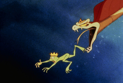 The young prince being chased by his aunt after being cursed as a frog -  Freddie as F.R.O.7 