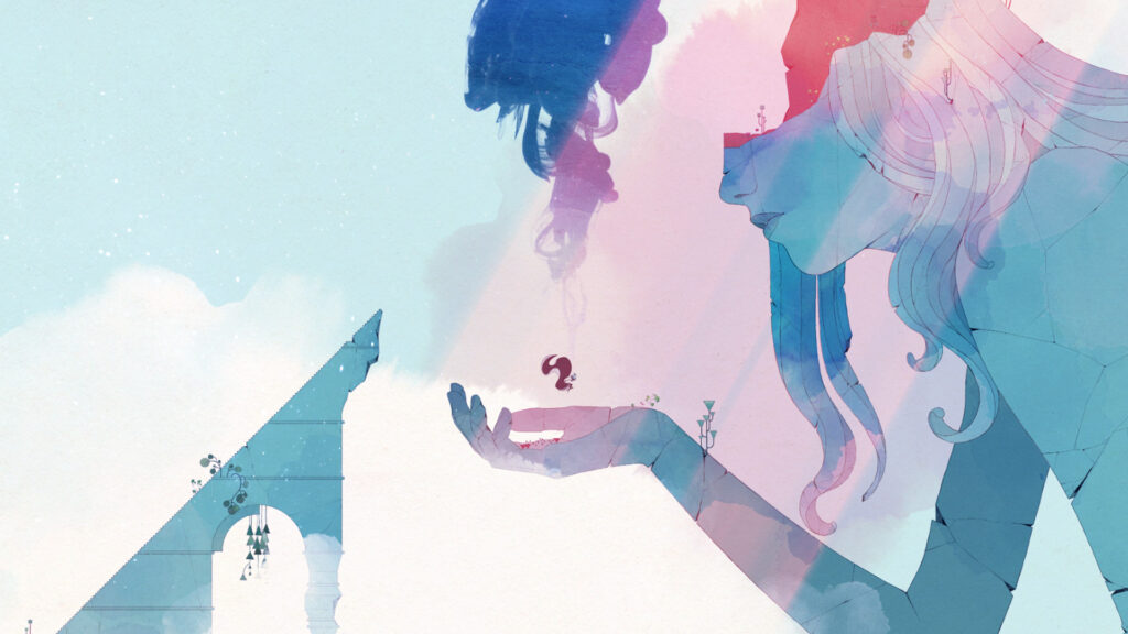 GRIS Game - an abstract scene with a giant woman looking down at the character in her hand