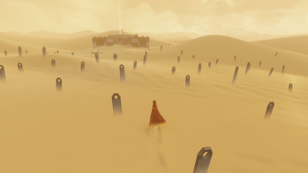 Journey Game - a red character runs through a sandy desert with lots of graves