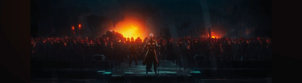 Marvel Zombies: zombie army in the dark, lead by zombie Okoye