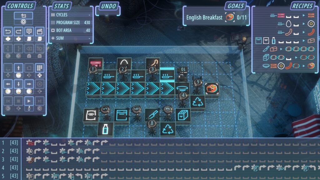 Blue Neon Noodles kitchen, top down view of various ingredient cubes and bots for making English Breakfast