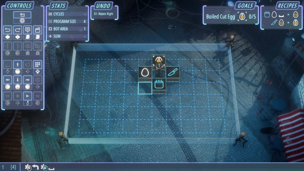 Blue Neon Noodles kitchen, top down view of various ingredient cubes and bots for cutting boiled eggs