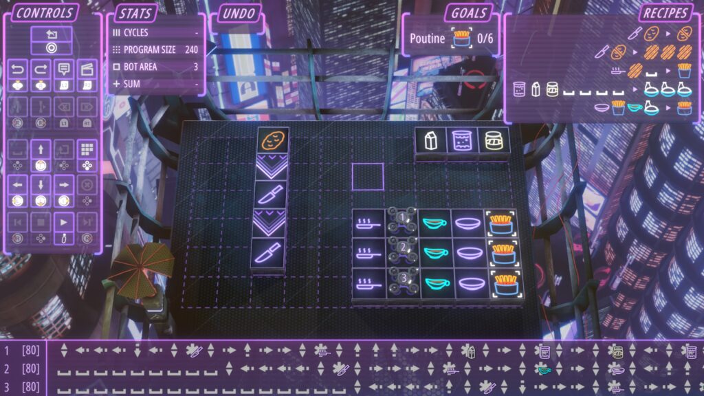 Purple Neon Noodles kitchen, top down view of various ingredient cubes and bots for making Poutine