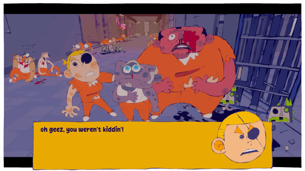 Shooty and two prisoners look up in awe/terror at something off-screen - Shooty Shooty Robot Invasion
