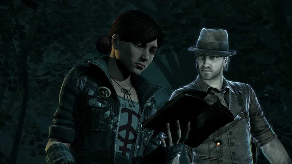 Joy Foster and Ronan O'Conner look at a book together - Murdered: Soul Suspect 