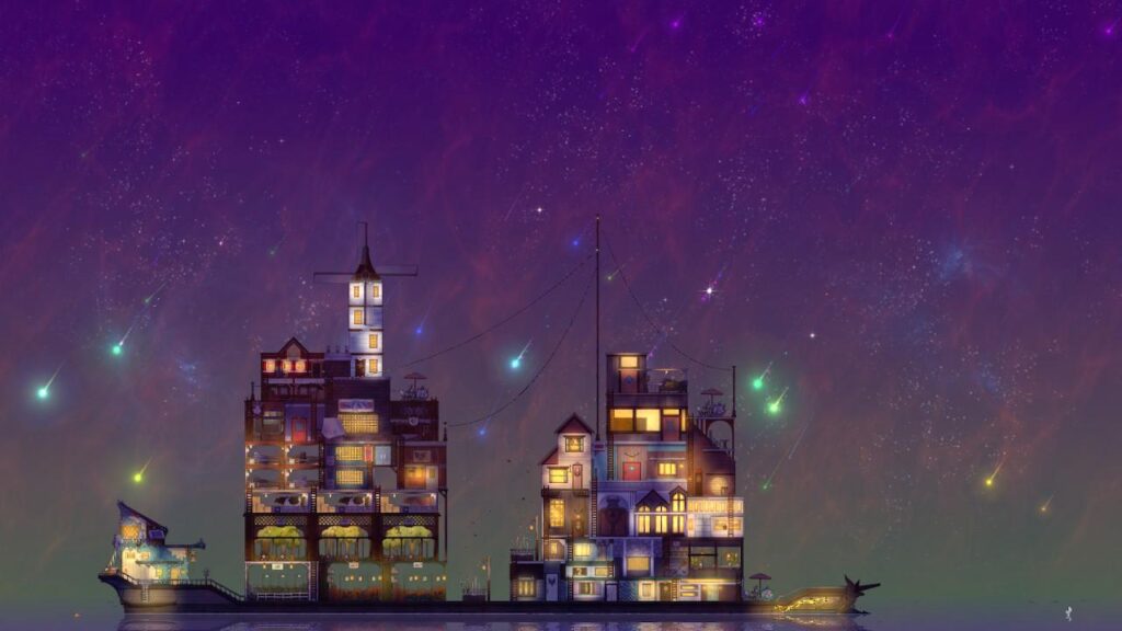 Spiritfarer - a 2d boat with lots of levels on a purple sky - - Cosy Games