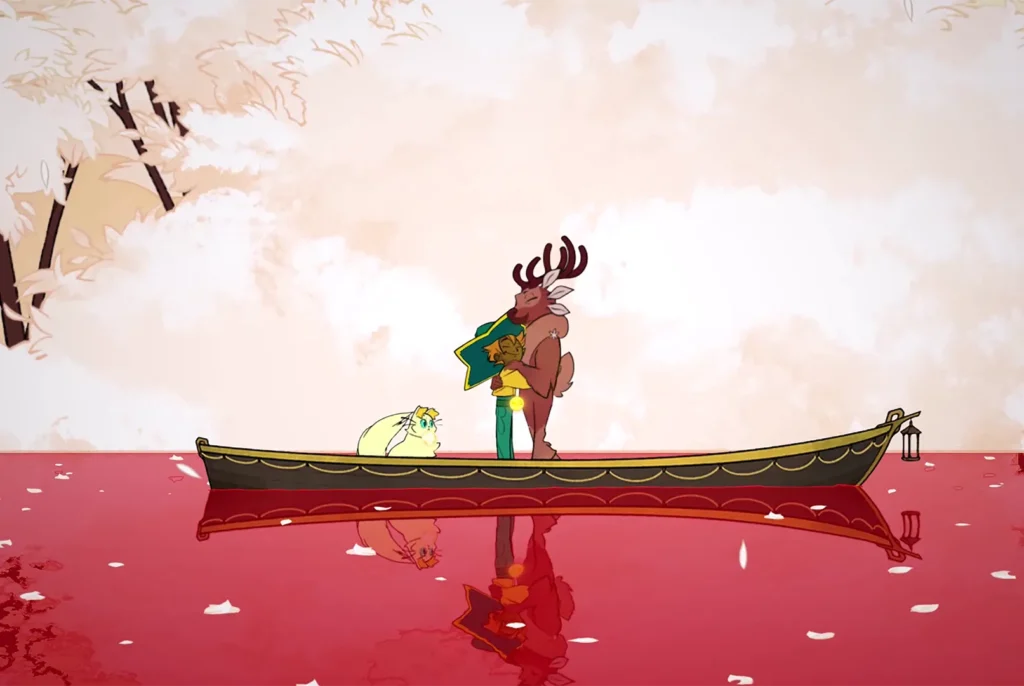 Spiritfarer - two characters sat on a boat on a read sea