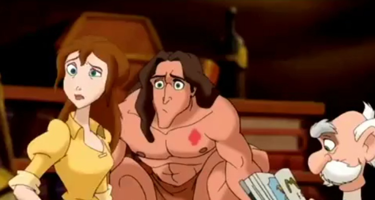 A confused Tarzan and Jane, as Professor Porter looks through a book