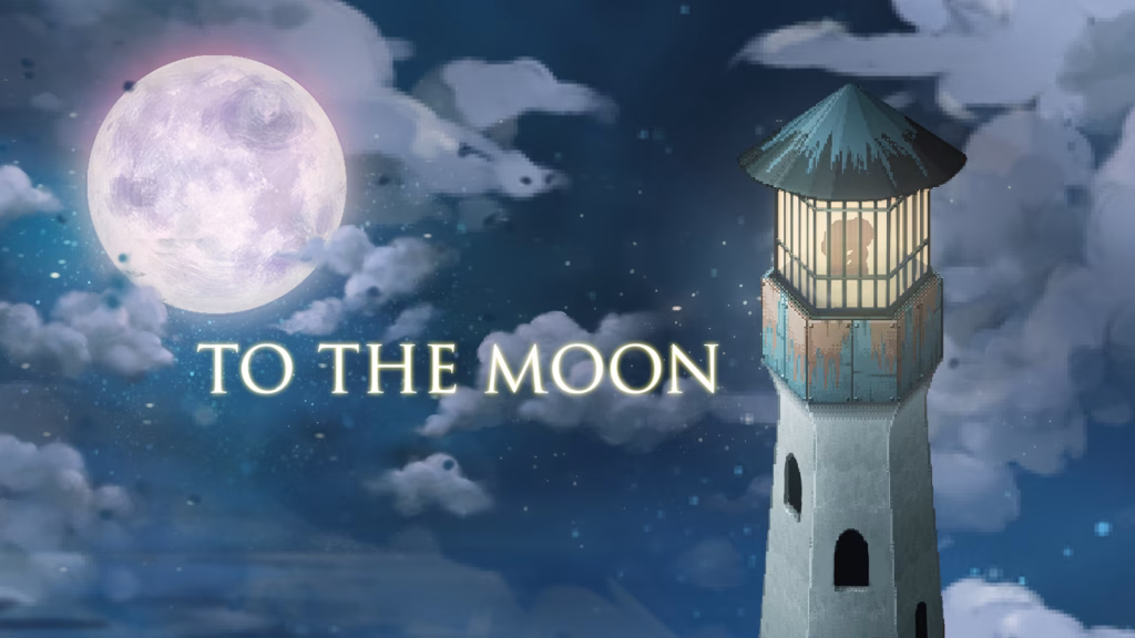 To The Moon Game - a lighthouse on a black and blue sky with a full moon