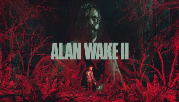 Alan Wake 2 - logo with the shadow of a dishevelled man behind it and a woman in a FBI jacket beneath on PlayStation