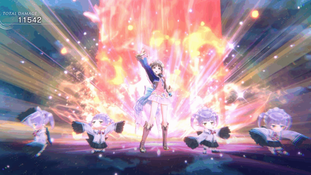 Totori holds her hand up as four chi's run forward with a giant fire blast behind them - Atelier Resleriana: The Red Alchemist & the White Guardian