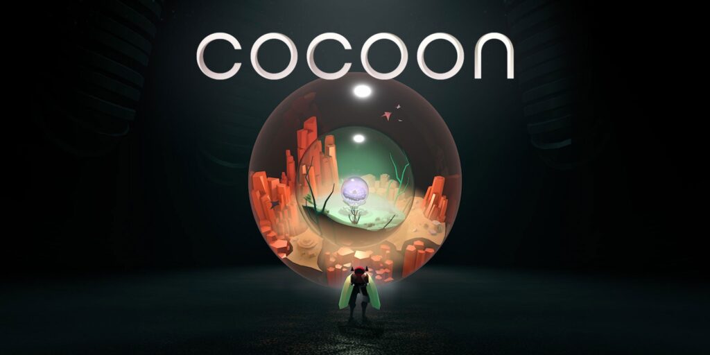 Cocoon logo with a large orb with a world hidden inside as a silhouette of a bug looks inside on PlayStation
