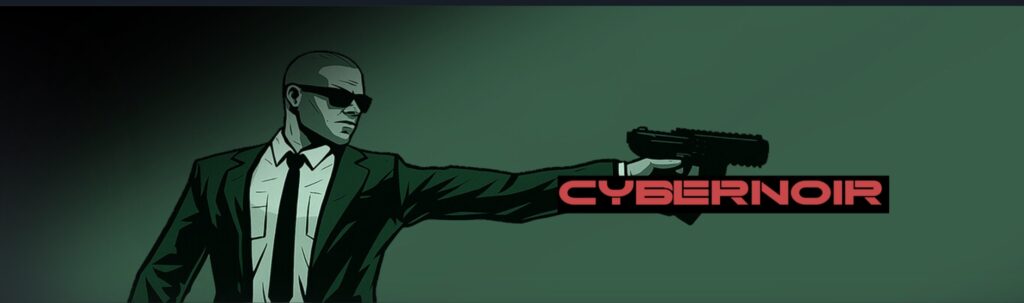 cybernoir character, the Faceless Man, a suit wearing skinhead man with sunglasses holding a futuristic looking pistol over the Cybernoir text logo
