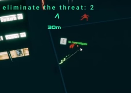 cybernoir gunfight actual game footage A predominantly black screen, with the bad guys highlighted in red and a splash of bright white coming from a neighbouring building window. 