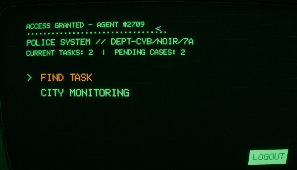 cybernoir mission selection log, a green & black computer terminal set up allowing you to scroll through cases and select your next target. 