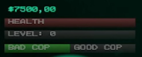 cybernoir character reputation, health, level and wealth bars in green and red. 