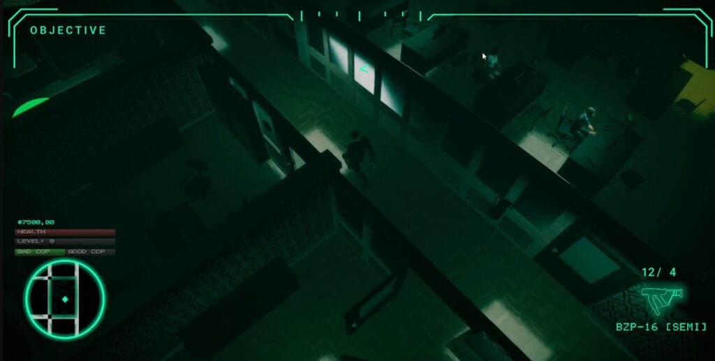 Cybernoir police station, as seen through the eyes of greenscreen CCTV cameras in an isometric point of view for the entirety of the game. 